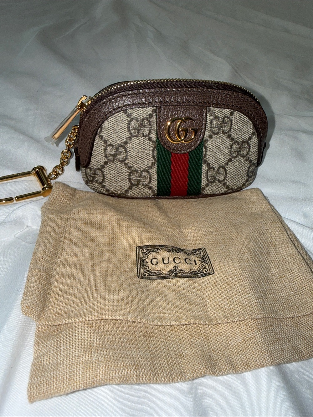 Gucci Beige GG Canvas Mini Pouch with Brown Trim and Green-Red Web